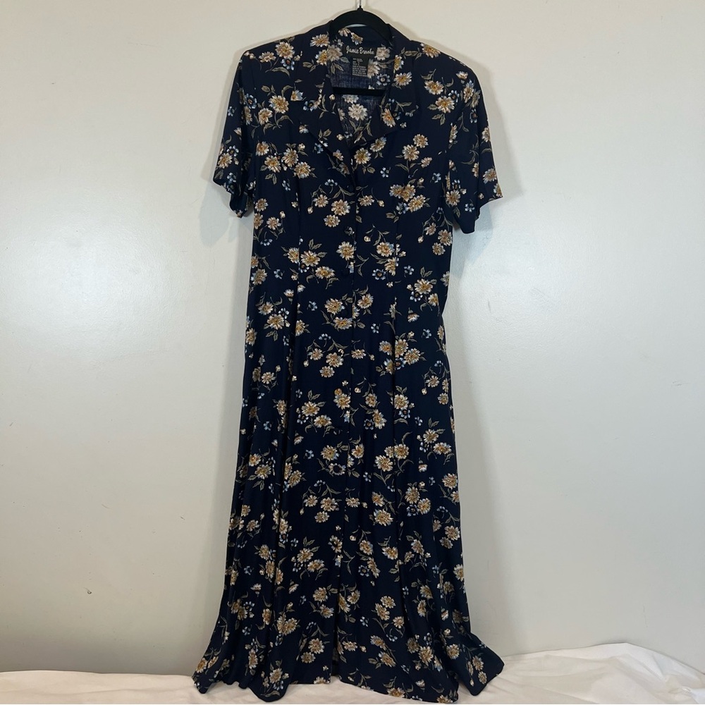 Jamie Brooke VTG Midi Dress Short Sleeve Floral Blue Covered Button Front L